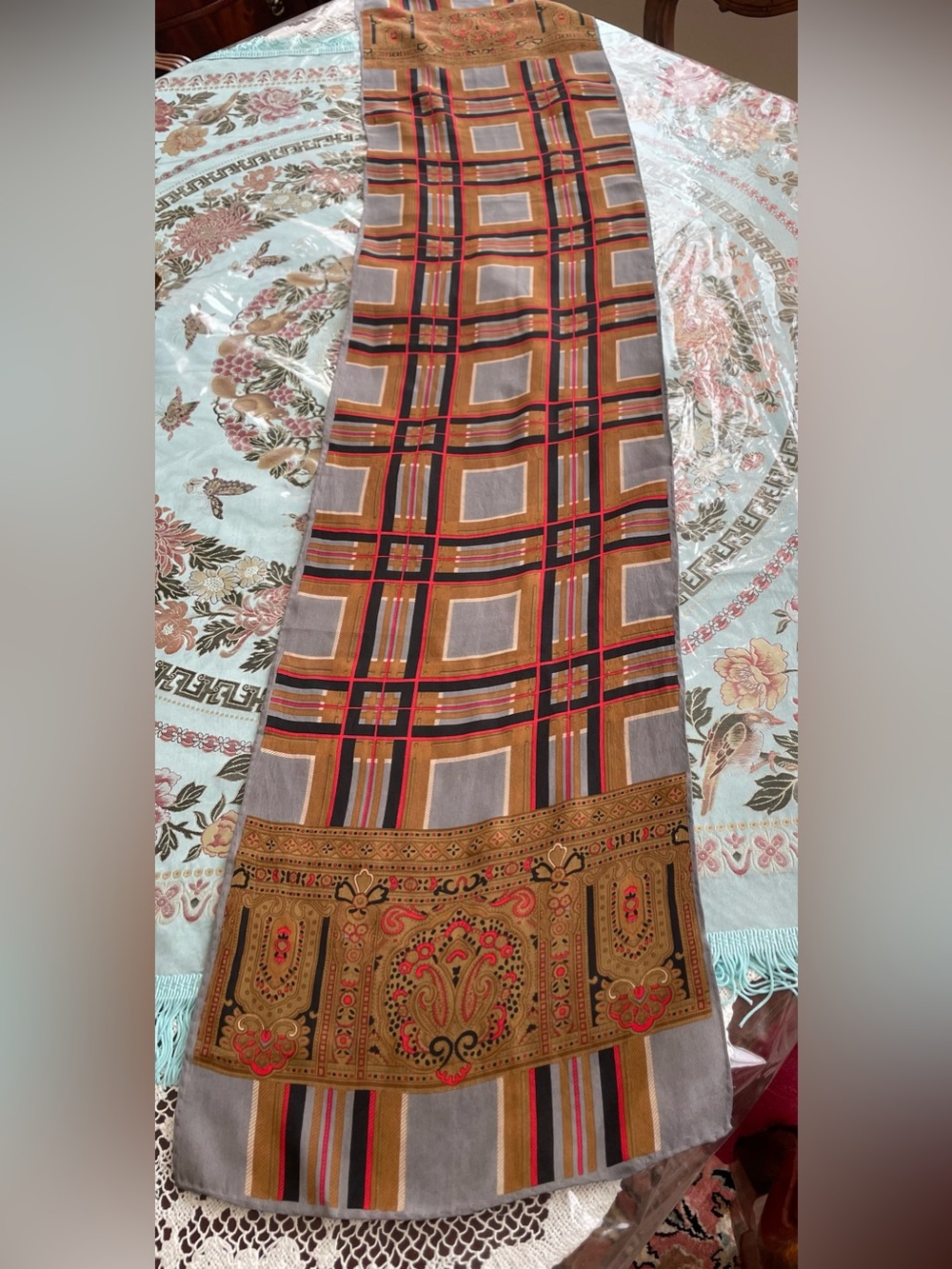 Vintage Geometric Plaid Silk Scarf in Brown and Red Hand Rolled Hem Unisex
